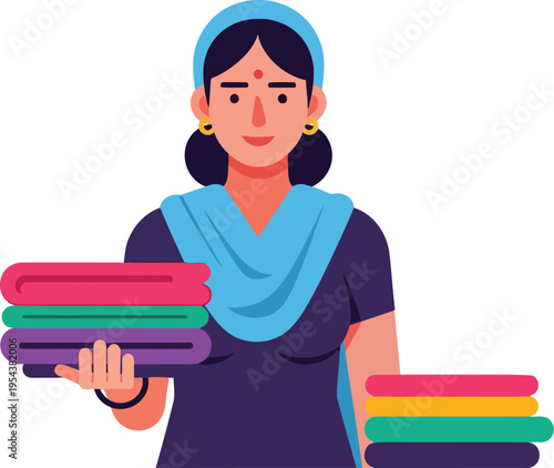 Flat Illustration of Indian Woman Holding Stack of Cloths Domestic Worker