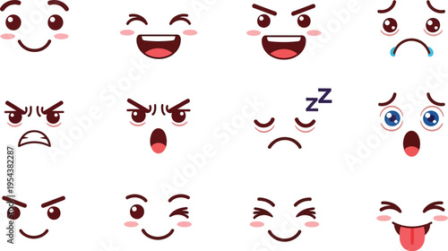 Simple Cartoon Style Different Expression Face Emoticon Set Illustration