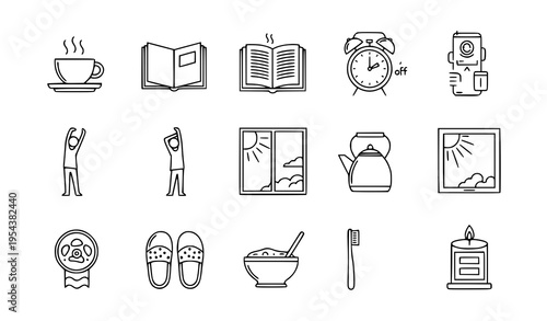 Slow morning routine minimal line art icon set with coffee reading stretching and self care symbols
Keywords:
