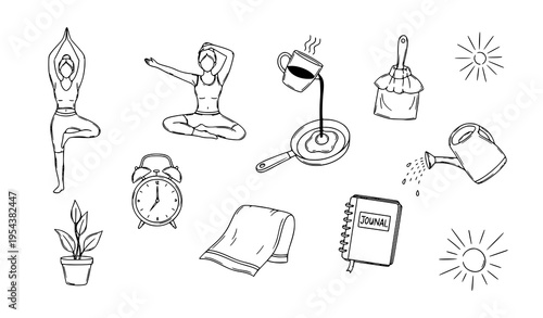Slow living morning routine outline icon collection with cozy lifestyle elements hand drawn style