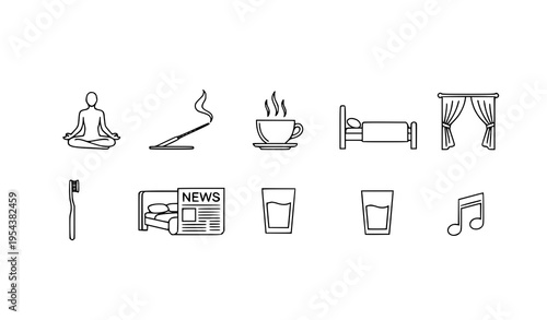 Peaceful morning rituals monoline icon set with meditation coffee and daily routine symbols