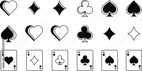 Vector icon set of playing card suits and ace cards for concepts of casino gambling poker games betting and entertainment,