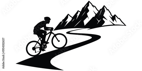 Cyclist silhouette riding uphill, mountain biking adventure scene, outdoor endurance sport design, winding road to mountains, flat vector illustration