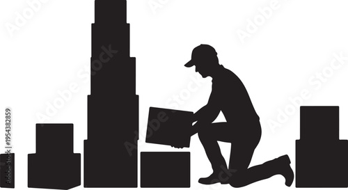 Silhouette of a delivery man organizing cardboard boxes in a warehouse