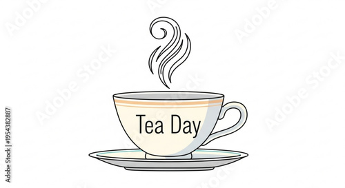 Steaming cup of tea on saucer with 'tea day' text hot beverage illustration