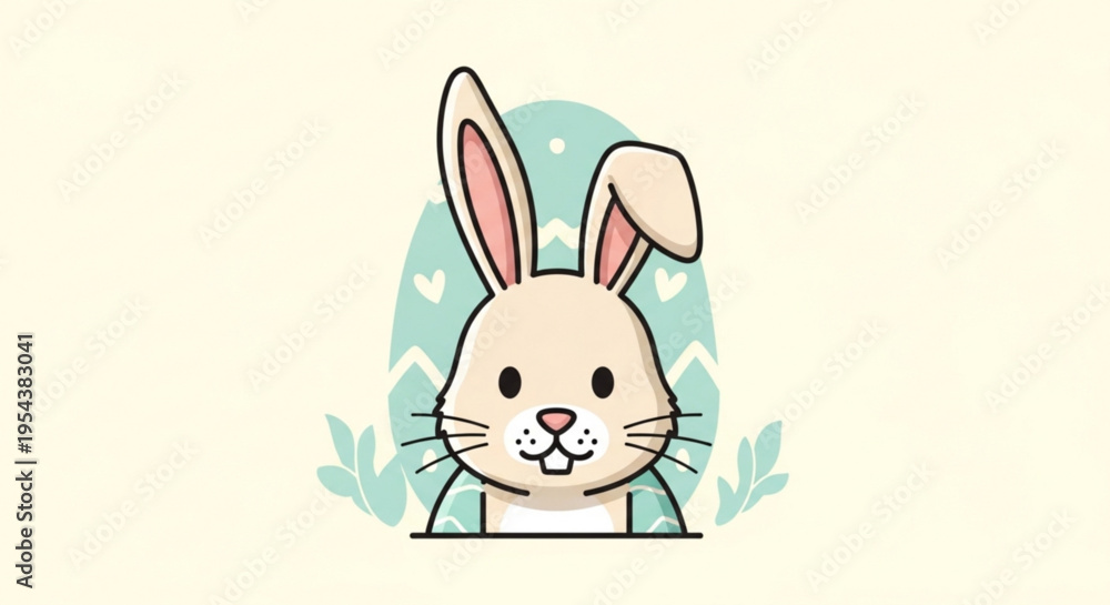 Fototapeta premium Cute cartoon bunny peeking out from behind a blue heart patterned background with leaves