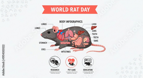 Infographic of rat body anatomy on world rat day with labeled organs and educational icons