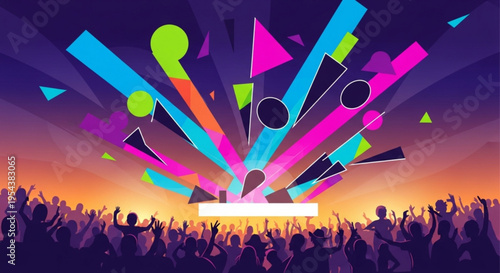 Vibrant festival crowd celebrating with colorful geometric shapes and lights at sunset