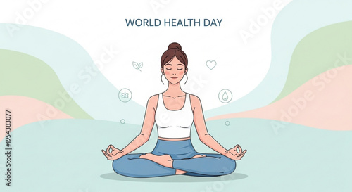 Woman meditates peacefully in lotus position on world health day with a serene background