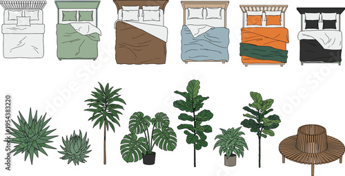 Colorful illustration of bedroom furniture with seven bed designs and ten indoor plants, artwork concept for home decor, interior design, lifestyle, furniture, and creative projects