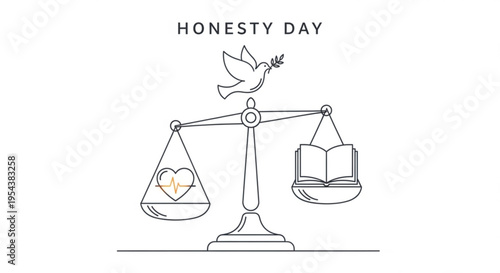 Honesty day concept with scales balancing heart and book under flying dove symbolizing truth and knowledge