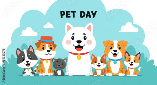 Colorful cartoon pets celebrate pet day with dogs and cats together happily outdoors