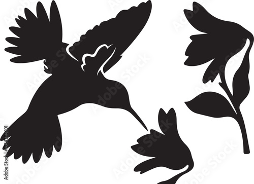 Black Hummingbird and Flower Silhouettes on White Background