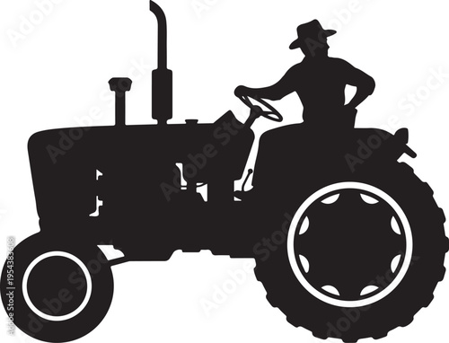 Silhouette of a Farmer Driving a Vintage Tractor Isolated on White