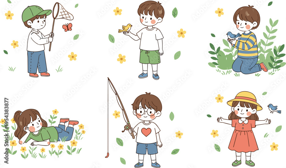 Fototapeta premium Cute Children Exploring Nature Collection with Kids Catching Insects Fishing Bird Watching and Outdoor Activities Cartoon Vector Illustration Set