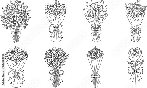 Hand Drawn Floral Bouquet Collection with Elegant Flower Arrangements Roses and Decorative Wrapping Outline Line Art Vector Illustration Set