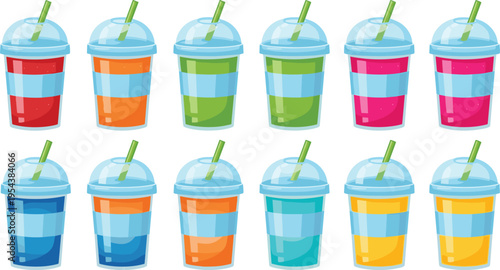 Colorful illustration of twelve smoothie cups with dome lids and green straws, striped designs in vibrant colors, artwork concept for beverages, drinks, summer, and design projects