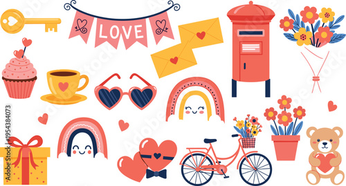 Valentines Day Cute Elements Collection with Love Letters Hearts Flowers Bicycle Teddy Bear and Romantic Decorations Flat Vector Illustration Set