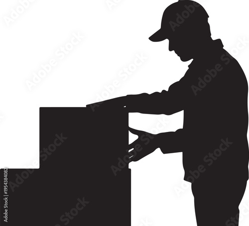 Silhouette of a Delivery Man Handling Cardboard Boxes on White Background