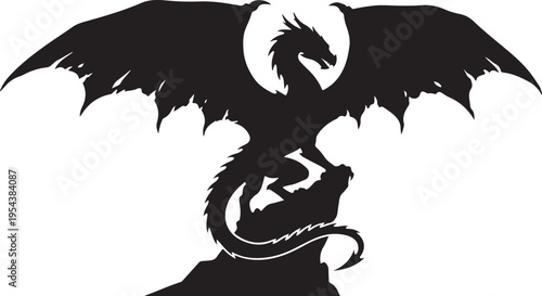 Majestic Dragon Silhouette with Spread Wings Perched on a Rock Cliff