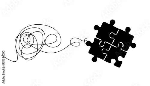 A puzzle piece icon with a thread leading to a tangled mess