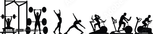Gym fitness silhouettes with people lifting weights and cardio training, black vector illustration set for workout routine, strength exercise and healthy lifestyle