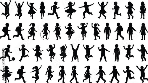 Kids silhouette collection, children playing running jumping poses, active childhood lifestyle, school and playground activities, black vector illustration isolated on white background