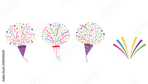 Colorful party poppers and confetti illustrations for celebration