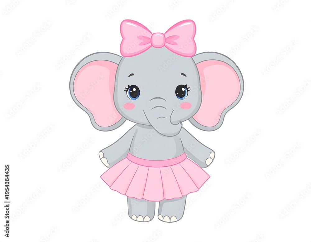 Fototapeta premium Adorable cartoon elephant with a pink bow, tutu, and large ears on a white background