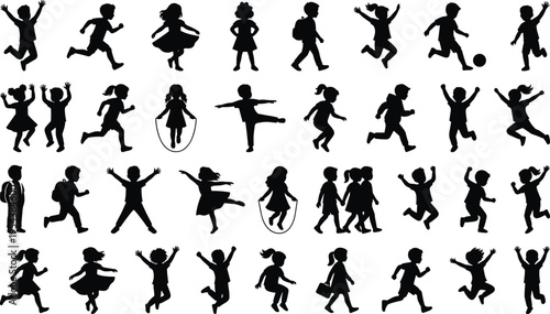Children silhouettes set, kids playing running jumping collection, active childhood poses, school and playground activities, black vector illustration isolated on white background