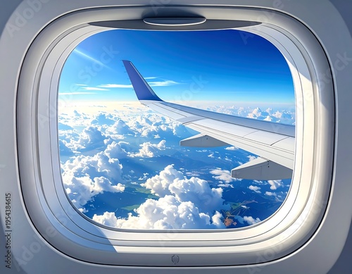 Wallpaper Mural Aerial view from an airplane window, showing a bright blue sky, white fluffy clouds, and a wing with a blue tip Torontodigital.ca