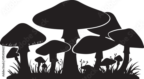 Black Mushroom Silhouettes Isolated on White Background