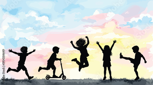 Children silhouettes playing at sunset landscape, kids running jumping and scooter riding, outdoor fun activity, colorful sky background, joyful childhood lifestyle illustrationChildren silhouettes pl