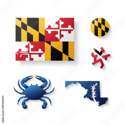 Maryland Symbols Vector Illustration with Flag, Blue Crab, and Chesapeake Bay