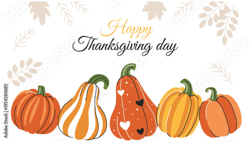 A happy Thanksgiving day illustration with pumpkins and leaves