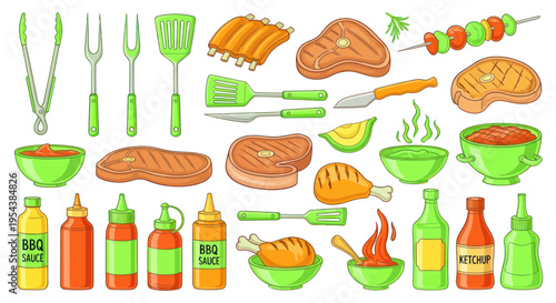Barbecue Food and Utensils Collection - Grilled Meats, Sauces, Skewers, and Tools