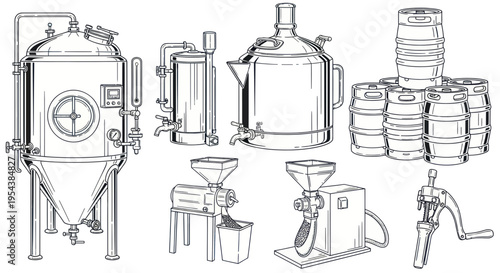 Brewery Equipment Collection: Fermenter, Kegs, Grinders, Still
