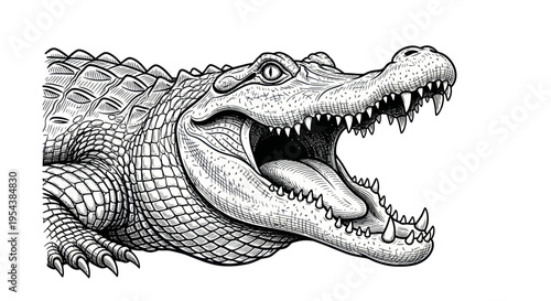Aggressive Alligator Biting Mouth Open Roaring Danger Reptile Illustration Ink Drawing