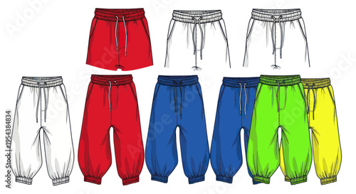 Collection of Colorful Harem Pants and Shorts Fashion Sketch