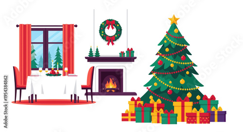 Cozy Christmas Living Room Scene with Decorated Tree, Fireplace, and Dining Table