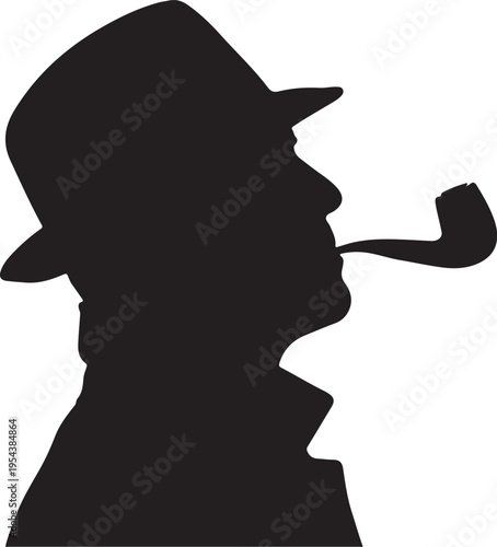 Silhouette of a Man Wearing a Fedora Hat and Smoking a Pipe