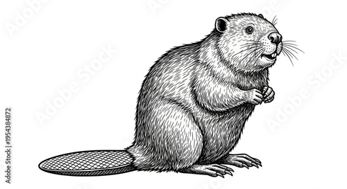 Detailed illustration of a beaver standing on white background, black and white sketch