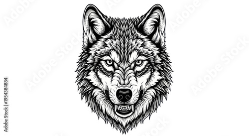 Fierce Wolf Head Illustration, Grayscale, Wild Animal Portrait