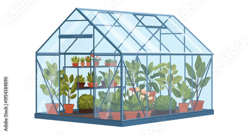 Greenhouse interior with potted plants, garden, plants, glass house, horticulture