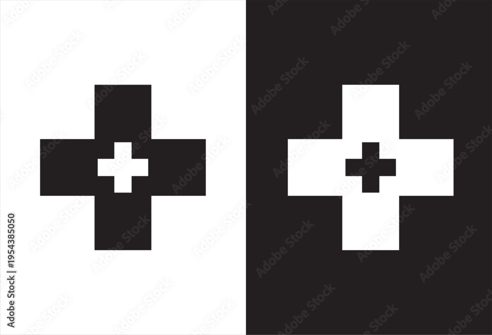 Fototapeta premium red cross medical icon, black and white concept flat outline vector design