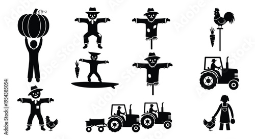 Black farm silhouette icons set with scarecrows tractors farmers chickens pumpkins and rooster weather vane isolated on white background for agriculture