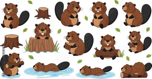 Cute Beaver Cartoon Characters Collection with Woodland Animals Building Dam Swimming and Holding Wood Nature Wildlife Vector Illustration Set