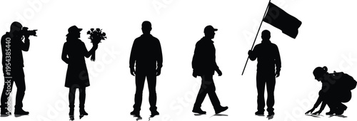 Black silhouettes of diverse people including a photographer, woman with flowers, man walking, person holding a flag, and a traveler on white background