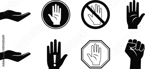 Set of hand gesture icons including stop signs prohibited symbols helping palms and fist silhouettes for warning safety and protest UI design