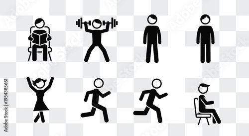 Black stick figure icon set featuring various human activities including reading books weightlifting running standing and sitting for lifestyle health and fitness branding design,